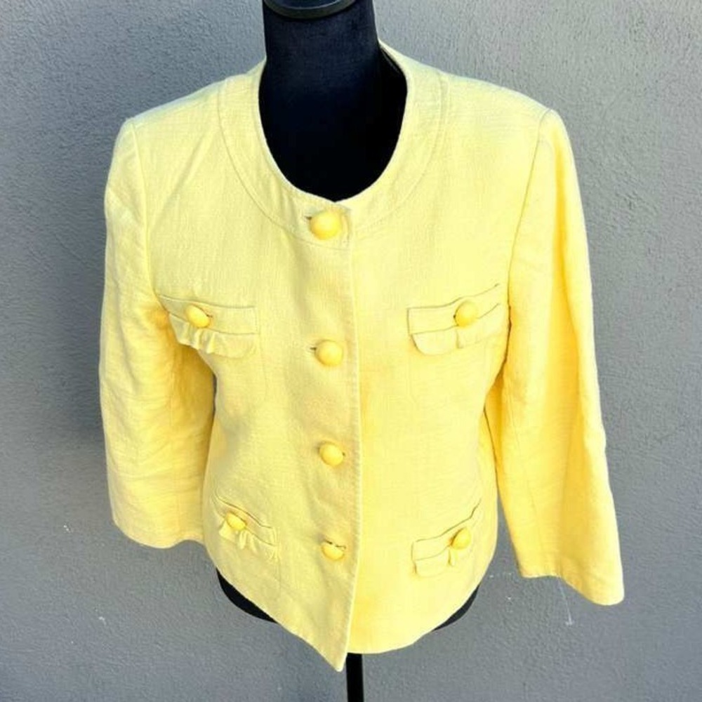 Talbots Petites Yellow Textured Button Front Blazer Jacket 12P Solid Round Neck
